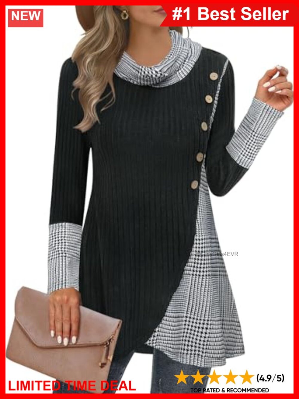Cowl Neck Pullover Sweater with Side Buttons and Asymmetric Hem